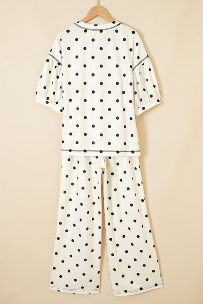Beige Polka Dot Half Sleeve Loose Top Elastic Waist Casual Pants Set