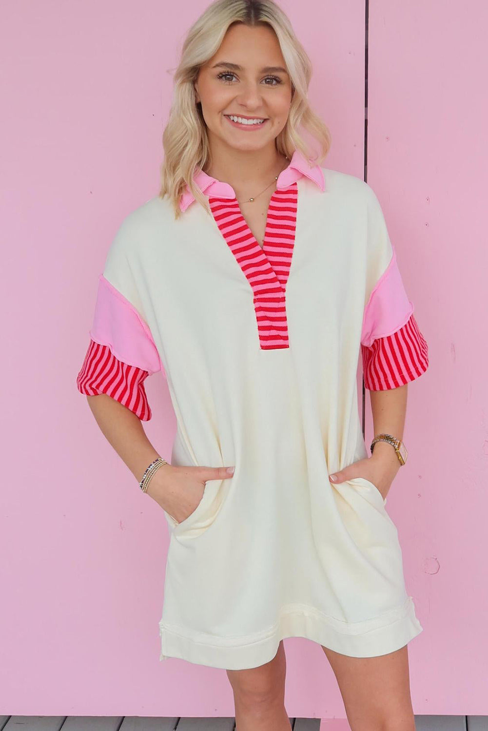 White Stripe Colorblock Patchwork Short Sleeve T Shirt Dress