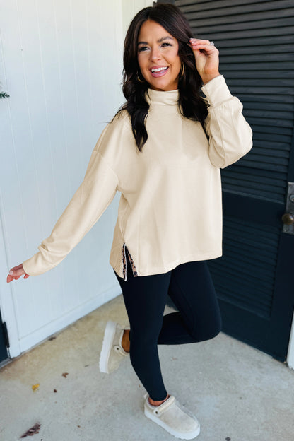 Beige Mock Neck Long Sleeve Leopard Detail Split Hem Top