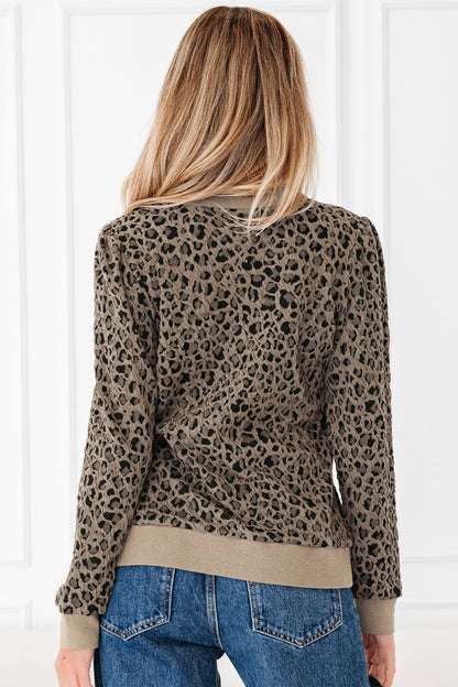 Brown Ribbed Trim Leopard Print Long Sleeve Top
