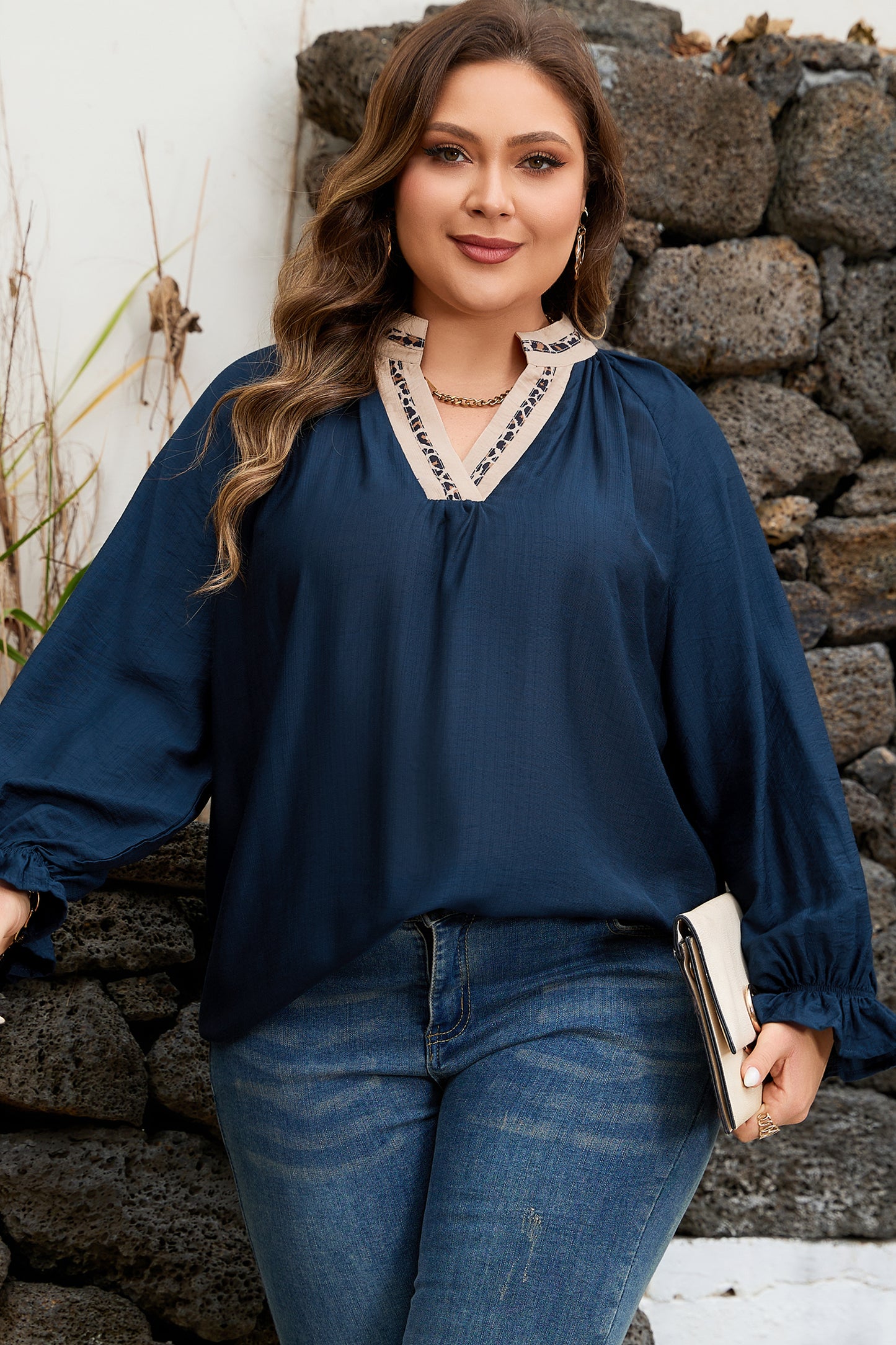 Navy Blue Contrast Leopard Patchwork Collar Plus Size Long Flounce Sleeve Blouse