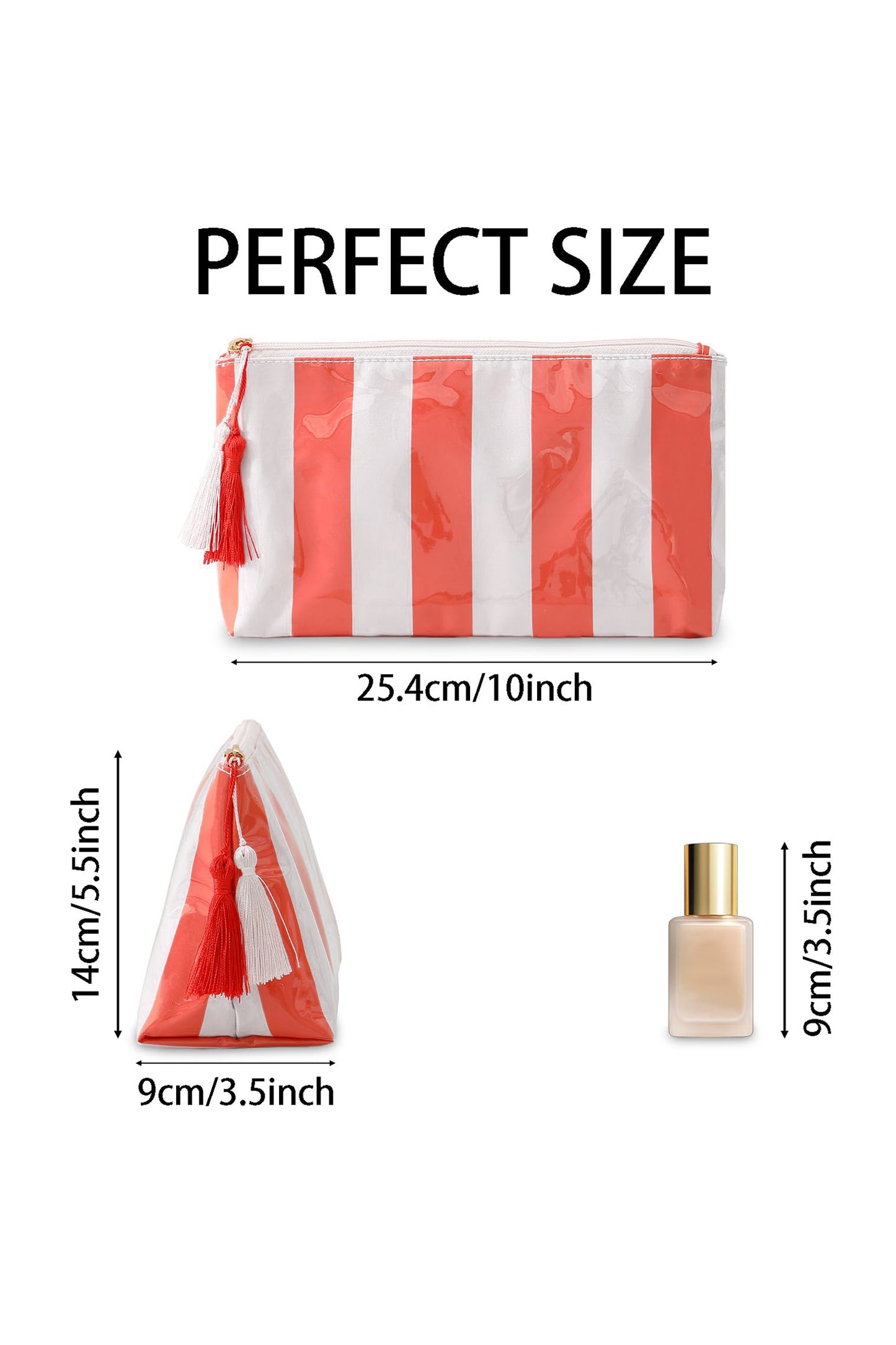 Carrot Striped Vinyl Waterproof Tassel Zipper Makeup Bag