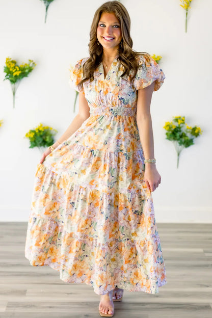 Orange Floral Bubble Sleeve V Neck Flared Maxi Dress