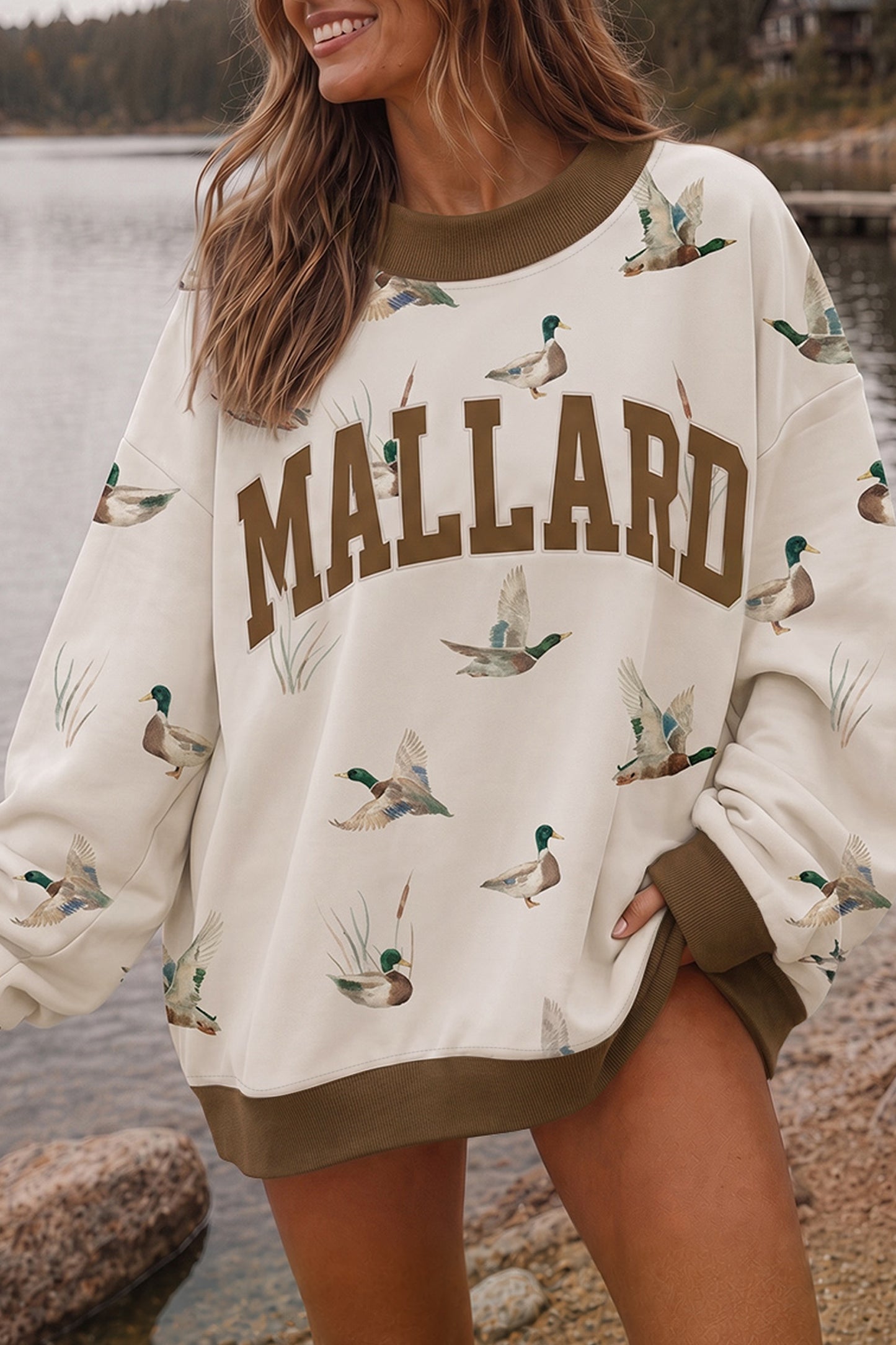 Beige Western Mallard Letter Print Baggy Pullover Sweatshirt