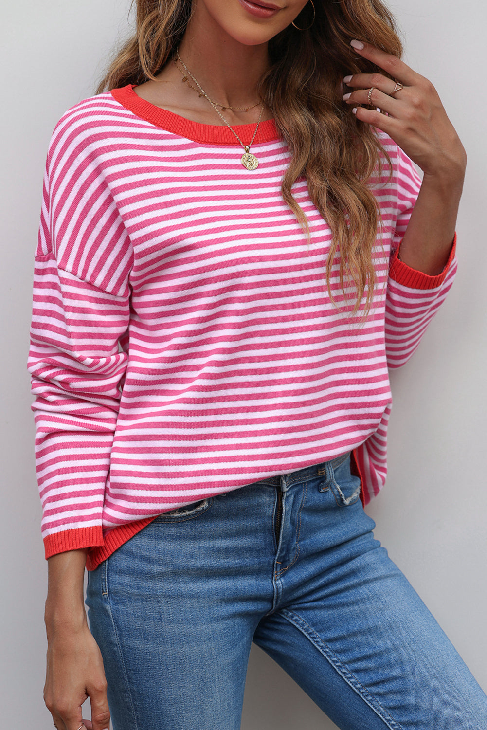 Pink Striped Contrast Trimmed Drop Shoulder Sweater