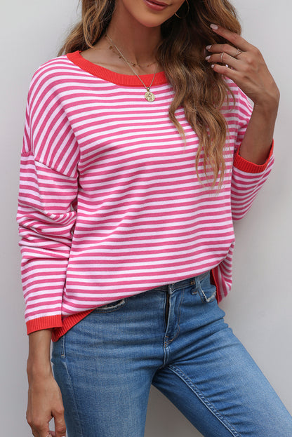 Pink Striped Contrast Trimmed Drop Shoulder Sweater