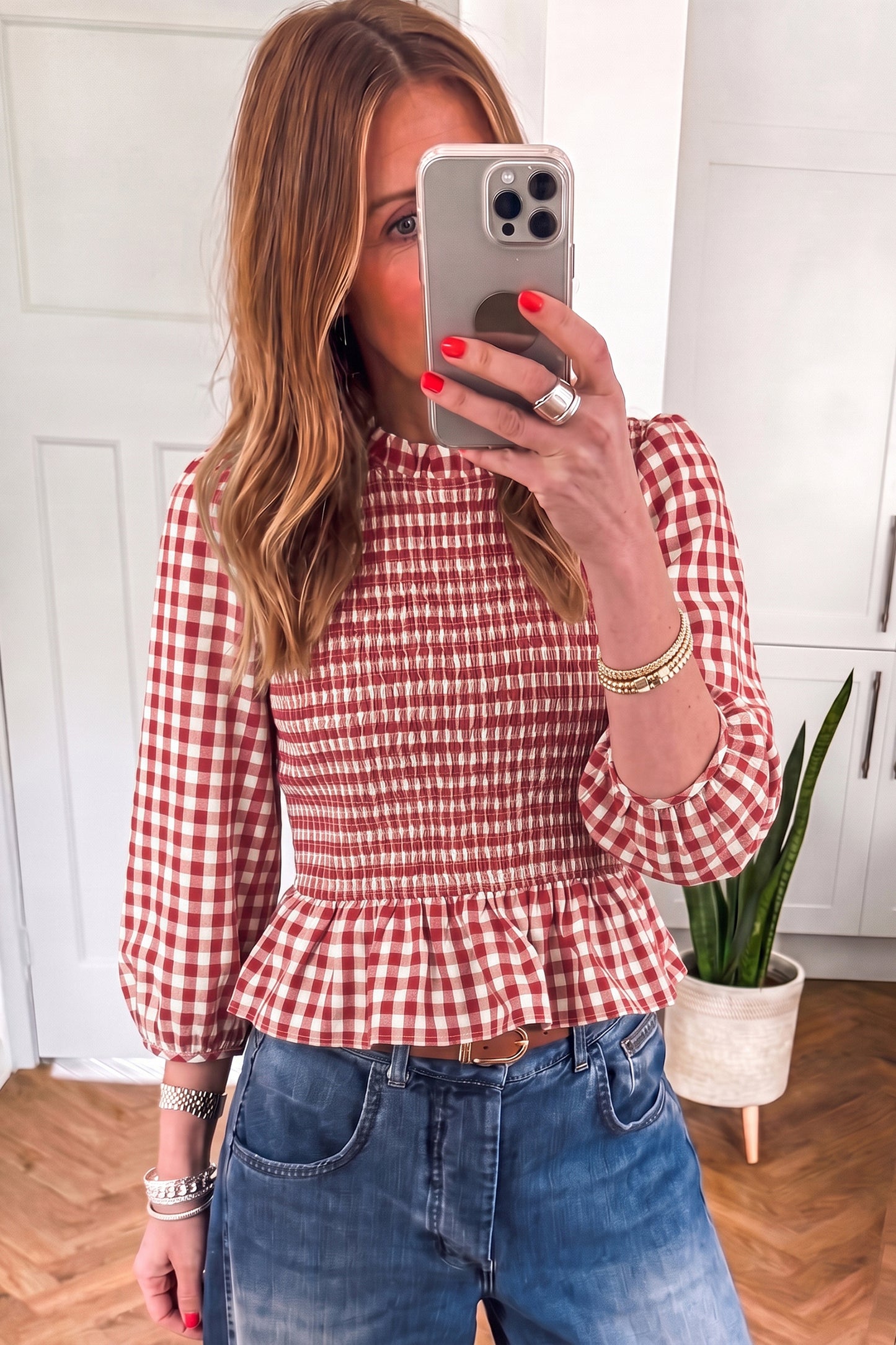 Red 3/4 Sleeve Shirred Plaid Peplum Top