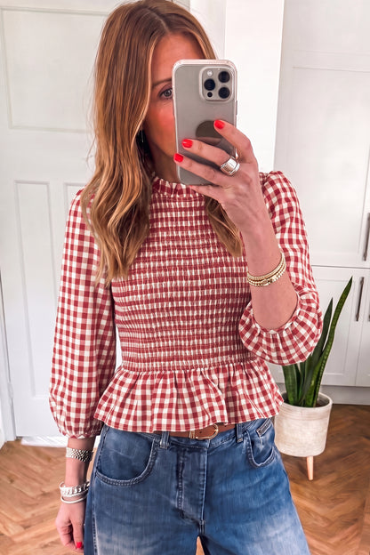 Red 3/4 Sleeve Shirred Plaid Peplum Top