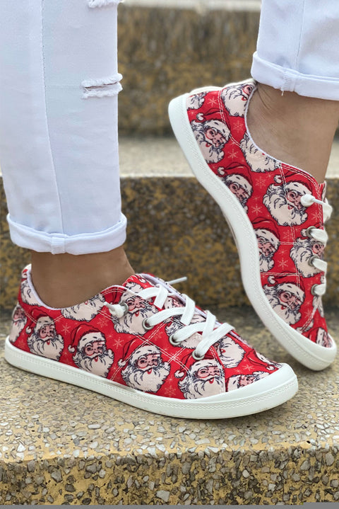 Fiery Red Santa Claus Printed Stitching Detail Flat Shoes