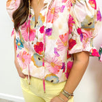 Beige Vibrant Summer Floral Tie V Neck Short Puff Sleeve Blouse