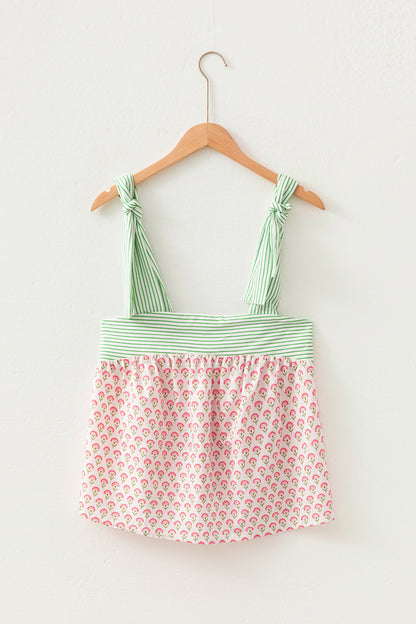 Pink Floral Printed Knot Straps Babydoll Tank Top