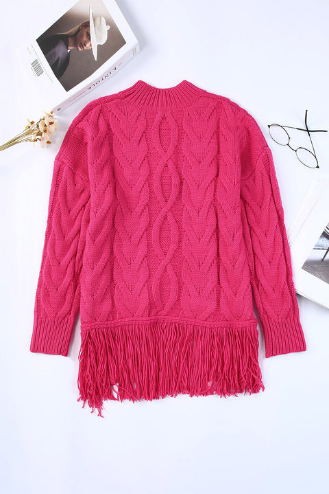 High Neck Cable Knit Tasseled Sweater