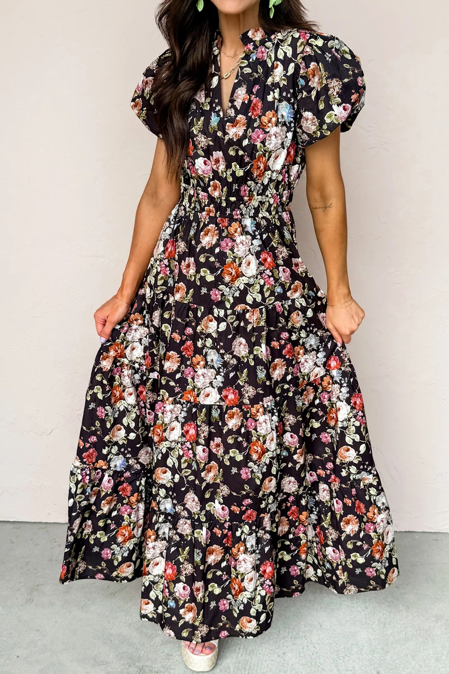 Black Floral Print V Neck Pleated Tiered Maxi Dress