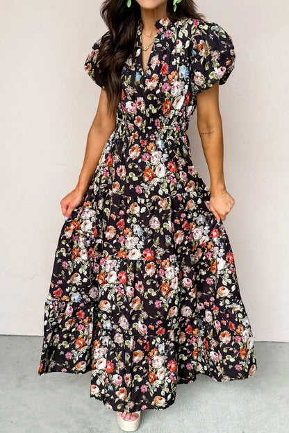 Black Floral Print V Neck Pleated Tiered Maxi Dress