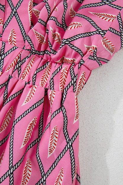 Combinaison taille haute à col en V et imprimé géométrique cachemire rose