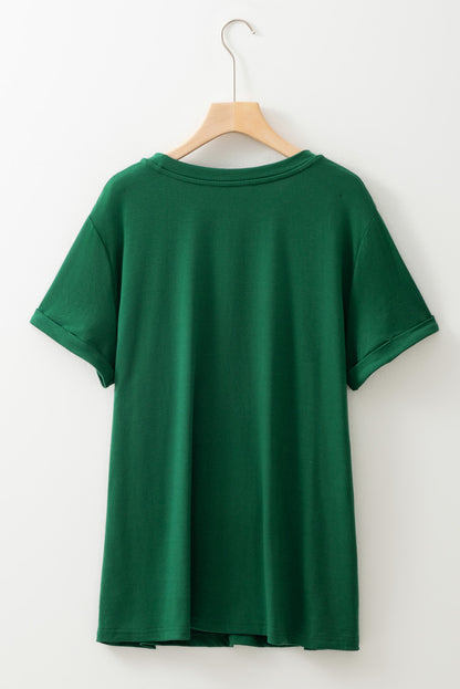 T-shirt vert foncé à col rond et manches retroussées grande taille