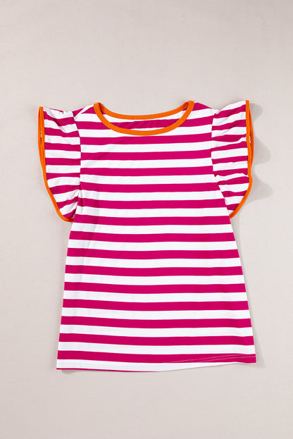 Rose Red Striped Ruffle Sleeve Crew Neck Blouse