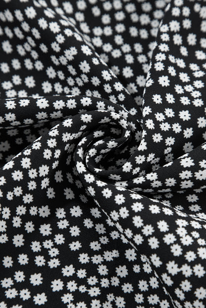 Robe mi-longue noire à imprimé floral et manches longues à col carré