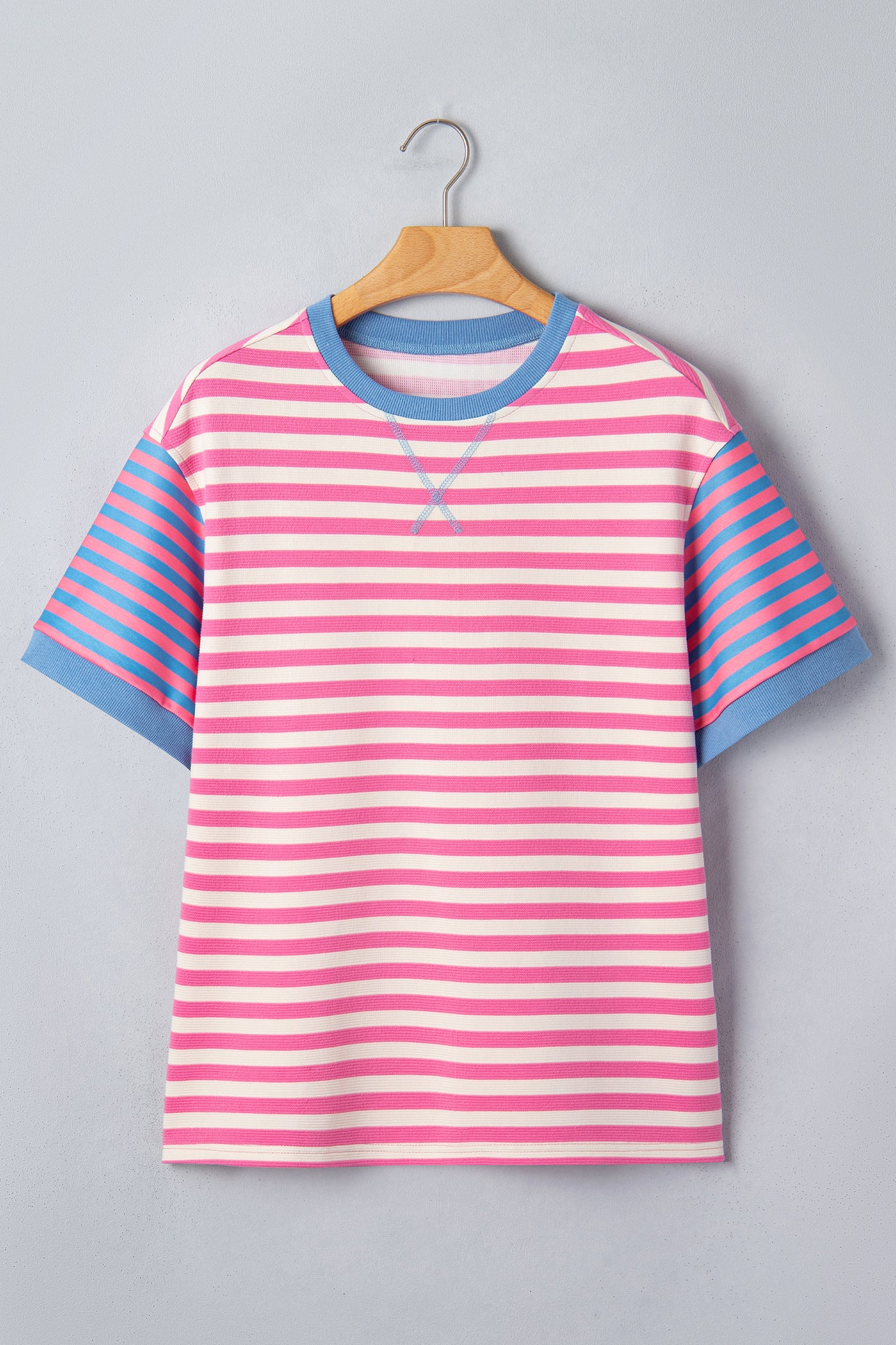 Pink Stripe Contrast Patchwork Short Sleeve Loose Tee