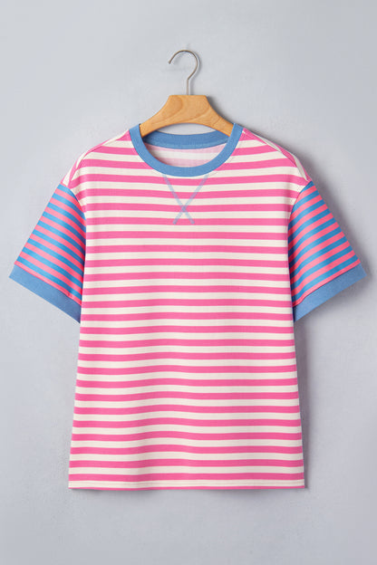 Pink Stripe Contrast Patchwork Short Sleeve Loose Tee