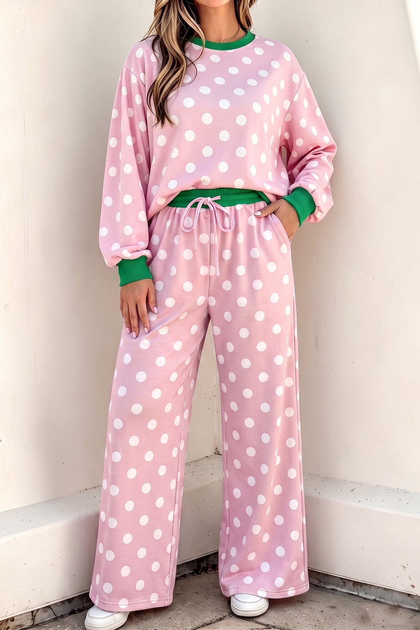 Pink Polka Dot Contrast Trim Long Sleeve Top Drawstring Shift Pants Set