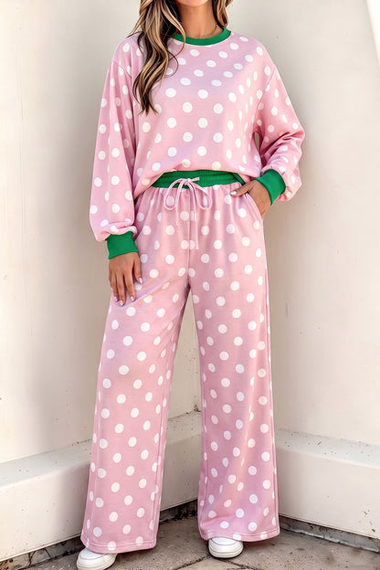 Pink Polka Dot Contrast Trim Long Sleeve Top Drawstring Shift Pants Set