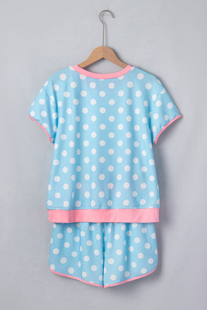 Sky Blue Polka Dot Contrast Edge Casual Short Set
