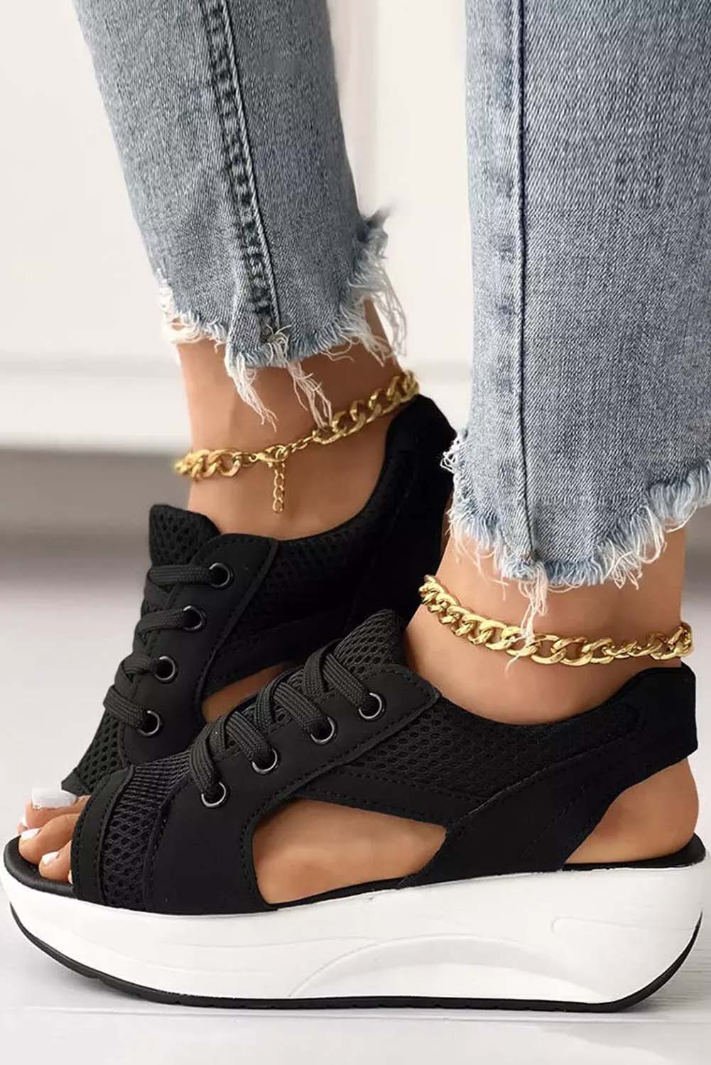 Sandales compensées à lacets et bout ouvert en maille