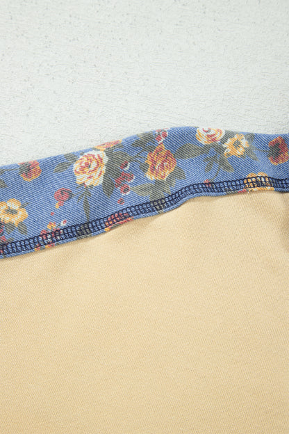 Apricot Floral Denim Patchwork Collar V Neck Long Sleeve Pullover Top