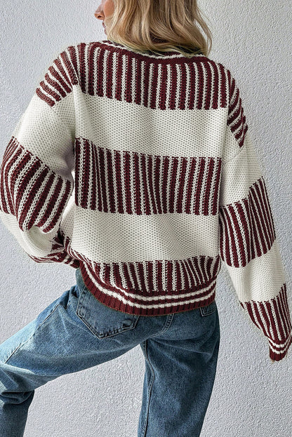 Brown Two Tone Striped Patchwork Drop Shoulder Loose Sweater