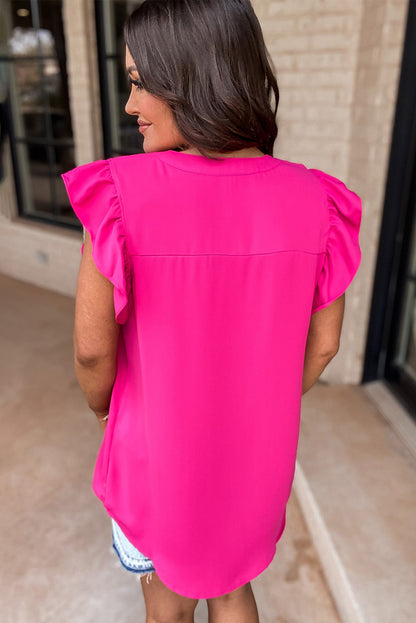 Chemisier rouge rose à col cranté et manches à volants