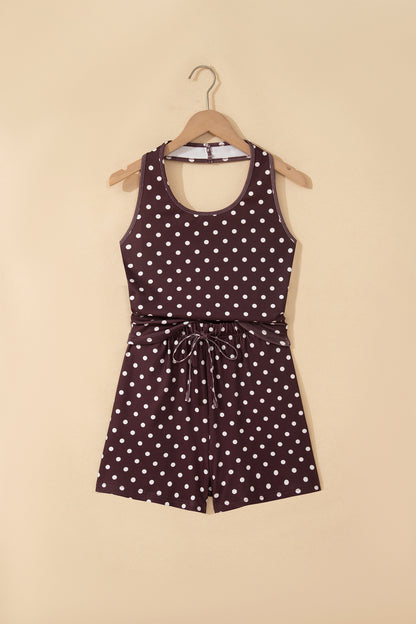 Brown Polka Dot Halter Tank Drawstring Elastic Waist Short Set