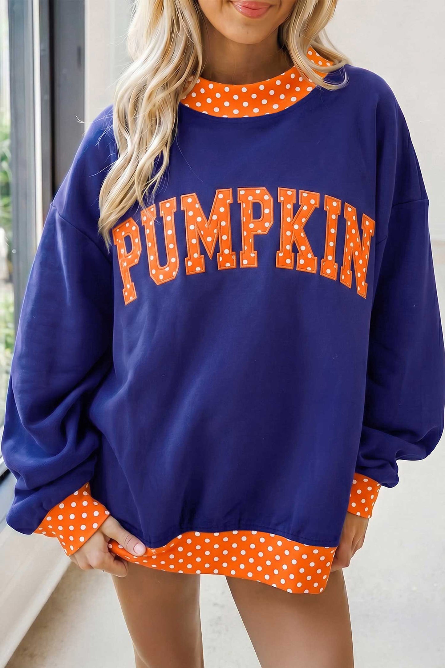Sail Blue Polka Dot Letter Print Contrast Trim Mock Neck Sweatshirt