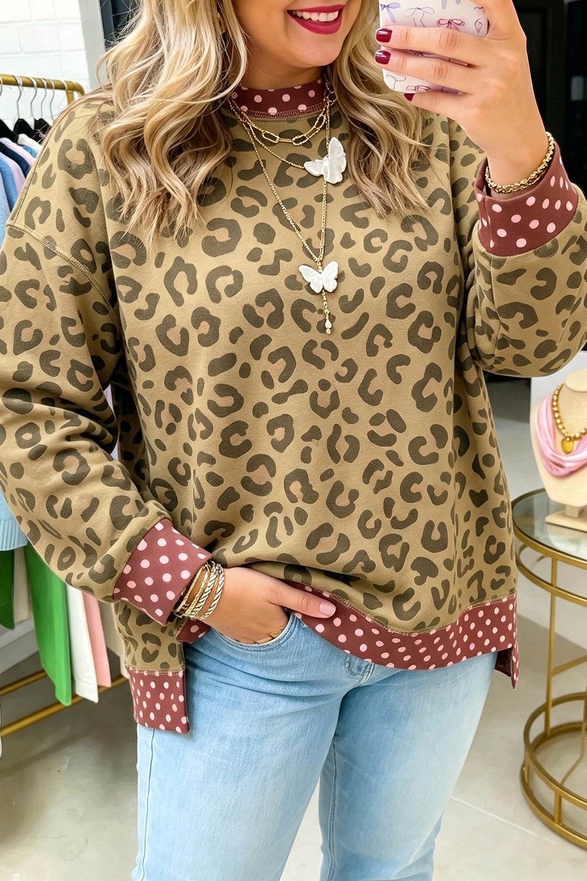 Brown Plus Size Leopard Print Contrast Polka Dot Trim Long Sleeve Top