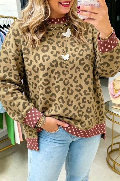 Brown Plus Size Leopard Print Contrast Polka Dot Trim Long Sleeve Top