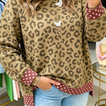 Brown Plus Size Leopard Print Contrast Polka Dot Trim Long Sleeve Top