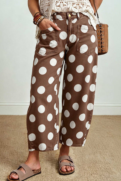 Brown Polka Dot Ankle-Length Barrel Jeans