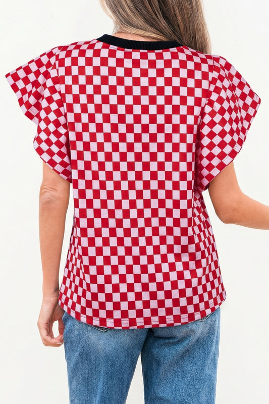 Red Checkered Print Ruffle Short Sleeve Contrast Trim Round Neck Top