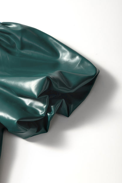 Sea Green  Notched V Neck Short Puff Sleeve PU Leather Blouse