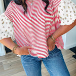 Red Stripe Floral Puff Sleeve Patchwork Round Neck Loose Top