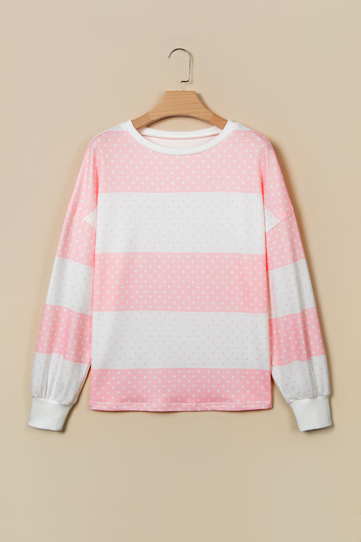 Pink Polka Dot Patchwork Colorblock Long Sleeve Top