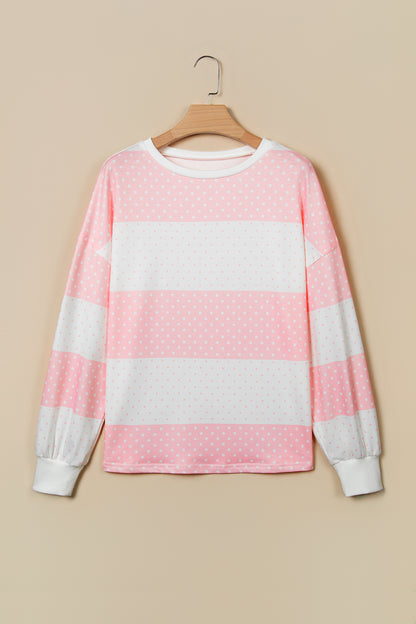 Pink Polka Dot Patchwork Colorblock Long Sleeve Top