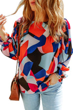 Multicolor Abstract Pattern Crewneck Ruffled Puff Sleeve Blouse