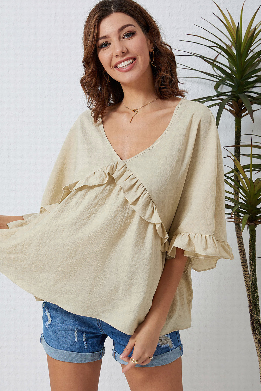 V Neck Draped Batwing Sleeve Ruffle Top