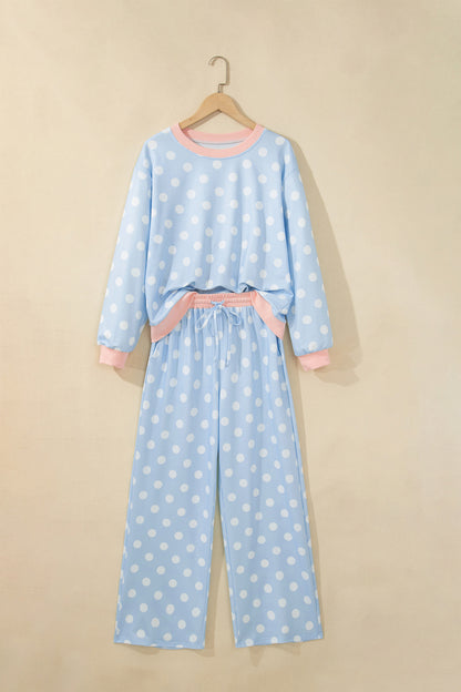 Sky Blue Polka Dot Contrast Trim Long Sleeve Top Drawstring Shift Pants Set