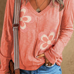 Fresh Salmon Floral Patchwork V Neck Long Sleeve T Shirt