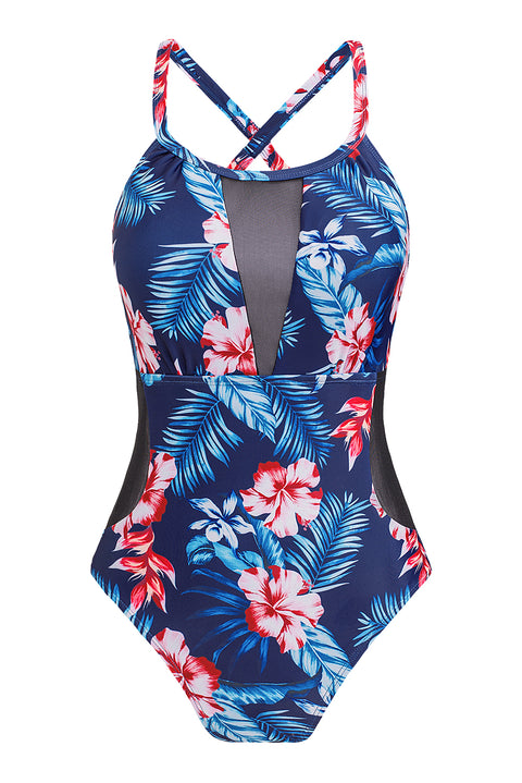 Floral Print Mesh Patchwork Criss Cross One-piece Swimsuit