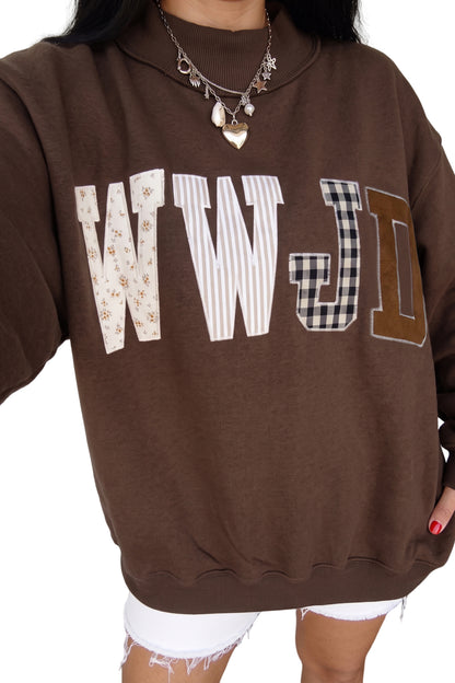 Coffee WWJD Mixed Pattern Embroidered Patch Graphic Mock Neck Sweatshirt