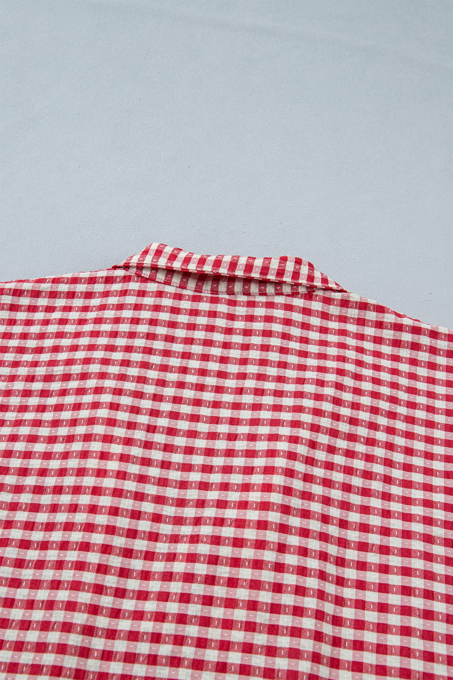 Red Plaid Short Sleeve Colorblock Trim Split Neck Blouse