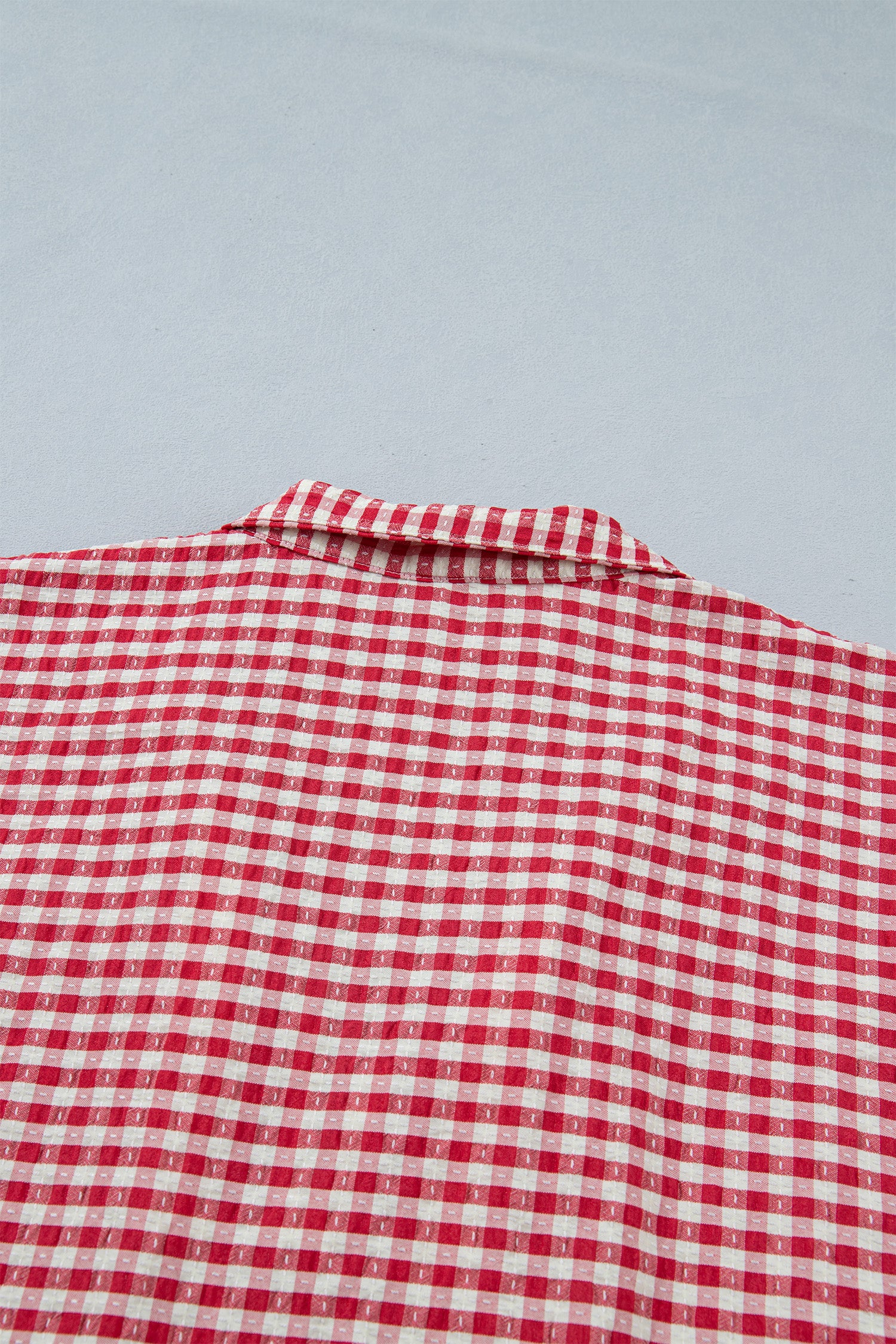 Red Plaid Short Sleeve Colorblock Trim Split Neck Blouse